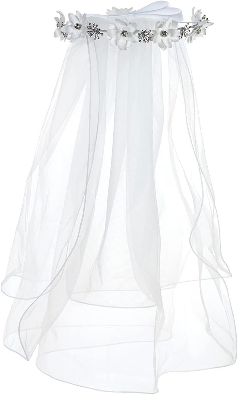 DDazzling Flower Crown Girls First Communion White Floral Wreath Lace Veil - Image 1